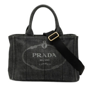 Prada Triangle Plate Canapa Tote Bag Handbag Shoulder Black Denim